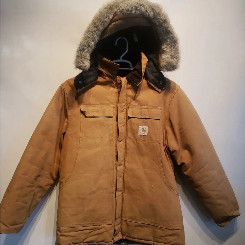 Vintage Carhartt Chore barn duck cloth coat with fur hood made in USA CQ196